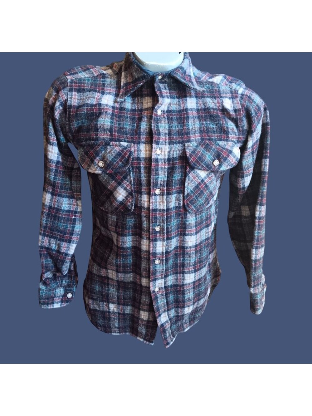 Small Vintage Plaid Wool Flannel Shirt Quilted Collar Lining 1970's Lumberjack